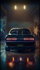 Wallpaper Illustration and background of a beautiful custom car in the garage. Rear View. Concept of tuned car. Sports car, futuristic sports car concept. Generative AI - obrazy, fototapety, plakaty