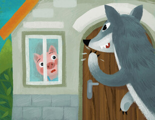 cartoon scene with wolf on the farm searching for pigs illustration for children © honeyflavour