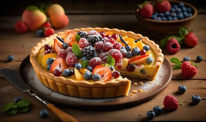  a fruit tart with a slice cut out of it.  generative ai - obrazy, fototapety, plakaty