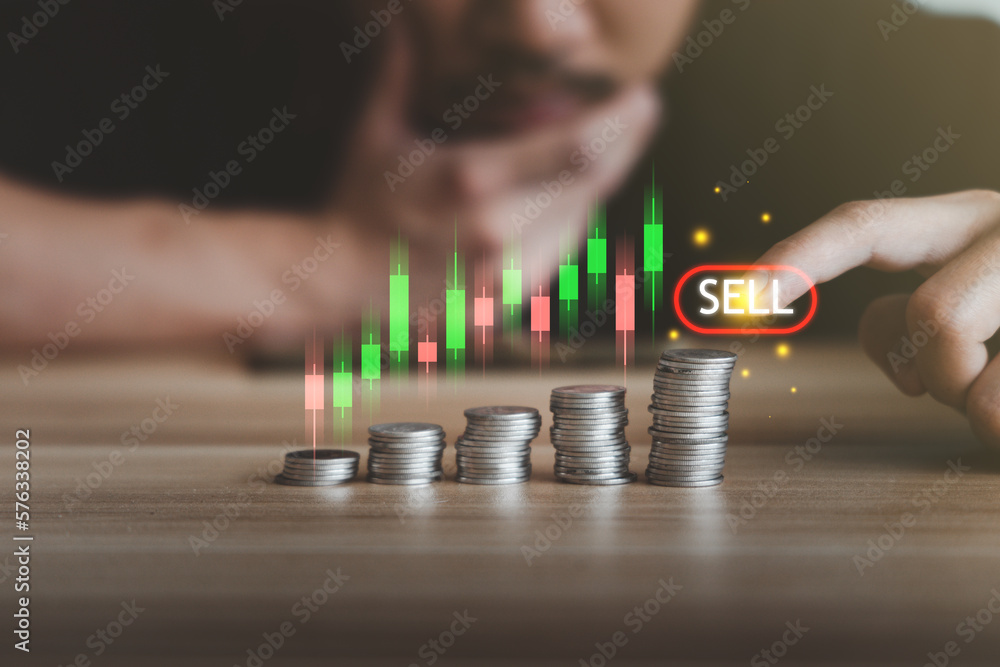 Poster businessman or trader analyzing candlestick chart above stacks of coin and selling stock . stock mar