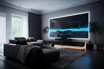 Modern Living Room Interior With Sofa And Large Tv Screen On The Wall, Led Strips Making Ambient Light. Generative AI