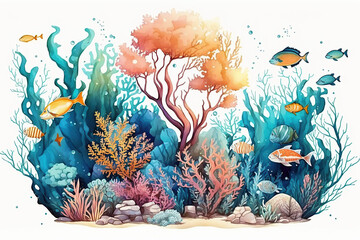 Fototapeta na wymiar Beautiful coral reef full of life, fish and underwater plants, watercolor concept, created with Generative AI