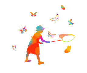 A colored girl catches butterflies. Vector illustration