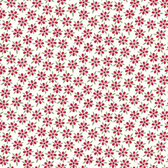 Seamless floral pattern of red flowers and green leaves on a cream background.
