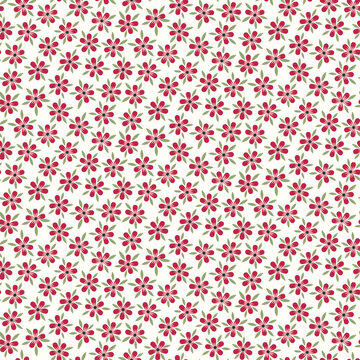 Seamless floral pattern of red flowers and green leaves on a cream background.

