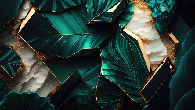 Raw precious stones malachite and emerald in gold. Jewelry background. Photorealistic drawing generated by AI.