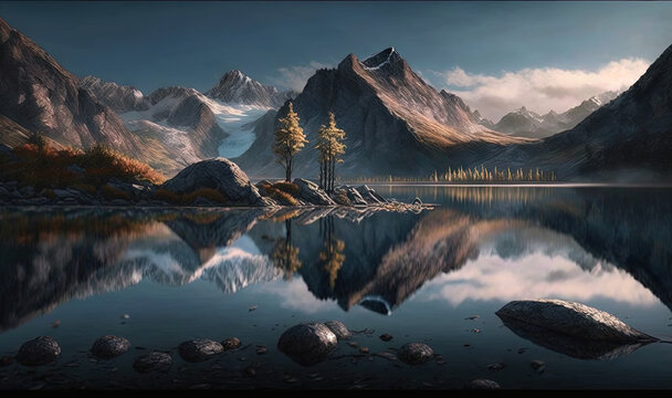  a painting of a mountain lake with trees and mountains in the background. generative ai © Anna