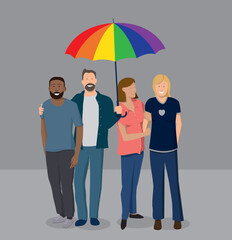 Illustration vectorielle représentant deux couples homosexuels se tenant debout sous un parapluie aux couleurs de la communauté LGBT.