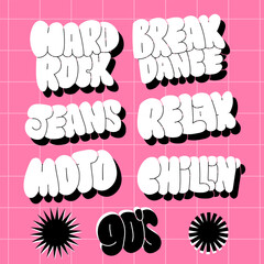Popular words 90s retro lettering sticker set. Bald hand drawn vector illustrations perfect for 3d render.