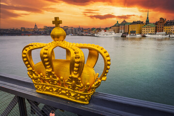 Stockholm, Sweden. Skeppsholm Bridge and the Golden Crown.