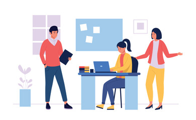 Business teamwork, woman works at laptop and boss