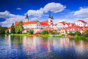 Obraz premium Telc, Czech Republic. Small city in Moravia, world heritage. Sunny day with white beautiful clouds.