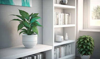  a potted plant sitting on a shelf in a room.  generative ai