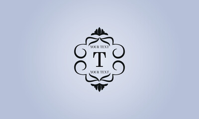 Refined logo with the letter T in the center (sign, symbol, emblem, ornament). Modern vector monogram with space for text.