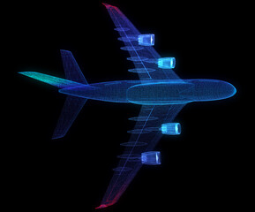 Fototapeta na wymiar Airplane flying travel low poly. Blue business airliner tourism wireframe mesh and dots. dark structure background. 3d illustration.