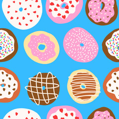 Fototapeta na wymiar Donuts pattern. Vector illustration in cartoon flat style isolated on blue background