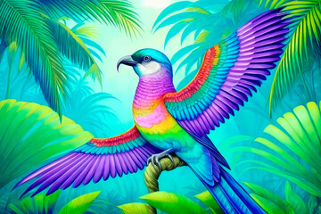 Paradise bird, tropical exotic jungle plants leaves flowers abstract pastel color. Generative AI
