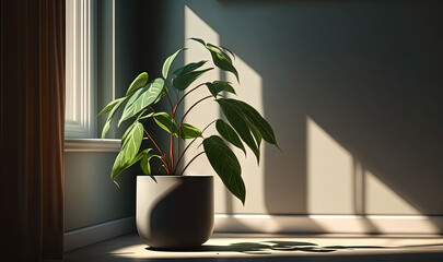  a potted plant sitting on a window sill next to a window.  generative ai