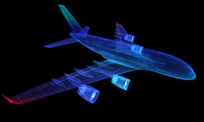 Fototapeta na wymiar Airplane flying travel low poly. Blue business airliner tourism wireframe mesh and dots. dark structure background. 3d illustration.