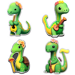 Obraz premium sticker cartoon contour cute kawaii dinosaur play instrument set PNG