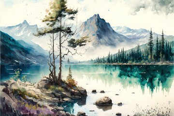 Painting of mountains, forests and a lake, generative ai