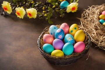 Fototapeta na wymiar painted easter eggs in a wicker nest with flowers, generative art