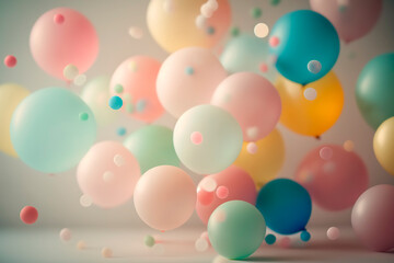 Obraz na płótnie Canvas Creative fun concept of colorful pastel helium balloons, balls or spheres flying. Generative AI