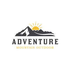 mountain landscape vintage logo with rocks at sunrise, Sea and Sun for Hipster Adventure Traveling logo can be used track biker cross