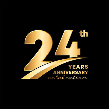 24th Anniversary design with golden number and text isolated on black background. Logo Vector Template