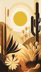 Abstract Illustration of Desert Plants and Geometric Sun in Mid Century Modern Style