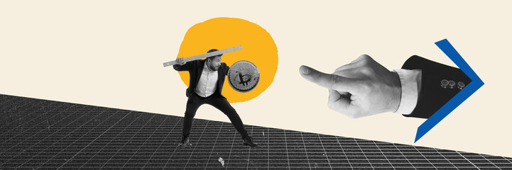 Conceptual design. Contemporary art collage. Businessman, financial analyst working with bitcoin. Trade market. Concept of business, financial motivation, career development, money, challenges. Banner