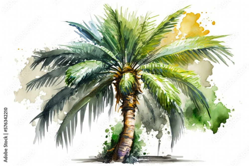 Sticker a single green palm tree from a watercolor painting, displayed against a white background. old fashi