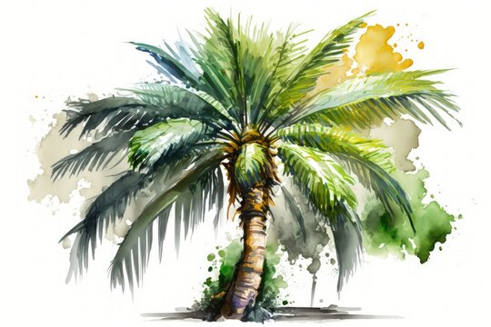 A single green palm tree from a watercolor painting, displayed against a white background. Old fashioned coconut palms. Jungle full of exotic flowers. Generative AI