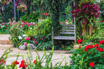 A wooden bench in beautiful garden.