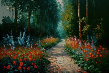Impressionistic painting of road path with flowers, generative ai