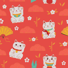 asian cat pattern. china fortune symbols cats neki masks and lanterns. Vector traditional authentic collection seamless background