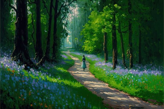 Impressionistic painting of road path with flowers, generative ai