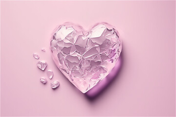 Obraz premium Crystal heart on a purple pink background with copy space, banner, flat lay, top view. Generative AI
