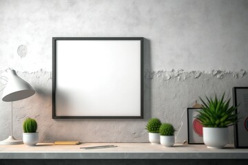 Blank poster frame mockup on the rough textured walls, desk decoration concept, Generative AI