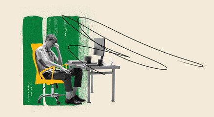 Conceptual design. Contemporary art collage. Young man, freelancer, worker feeling tired. Overworking. Stress. Finishing deadlines. Employment. Concept of business, career development and challenges
