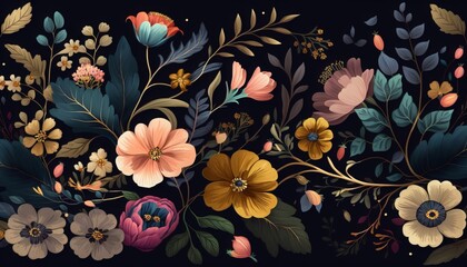 Floral pattern with dainty flowers and bold blooms. AI generative.