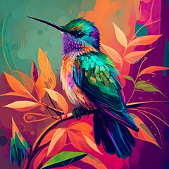 Bright illustration of a beautiful rainbow hummingbird among leaves. Generative AI art.
