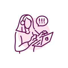 Businesswoman works remotely color line icon. Female entrepreneur.