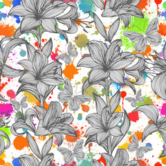 Seamless pattern of tree leaves , flowers and blots. Lily graphic pattern. Vector illustration
