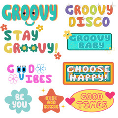 Fototapeta premium Cool trendy groovy stickers. Pop Art funky cute patches.