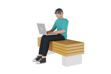 3d Man sitting on a bench with laptop. icon isolated on white background. 3d rendering illustration