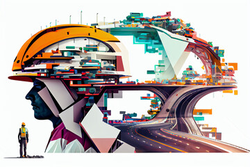 Future of Expressway roads traffic construction engineering the devotion project with double exposure to civil engineering design. Future modern construction projects. Generative AI	