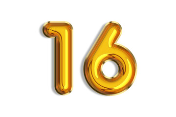 16 years old. Gold balloons, 16th anniversary number, happy birthday congratulations. Illustration of golden realistic 3d symbols. Banner, icons isolated on white background.