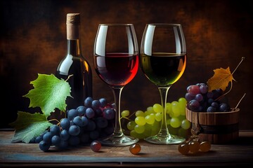 Obraz na płótnie Canvas Two Glasses Of Wine Sitting Next To Each Other On A Wooden Table Next To A Bottle Of Wine And A Bunch Of Grapes On The Table. Generative AI