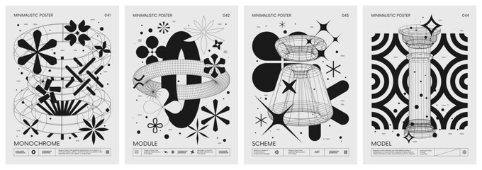 Futuristic retro vector minimalistic Posters with strange wireframes graphic assets of geometrical shapes modern design inspired by brutalism and silhouette basic figures, set 11